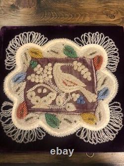 19th C. IROQUOIS BEADED LARGE 12 CUSHION PIN BIRD FLOWER BASKET PURPLE VELVET