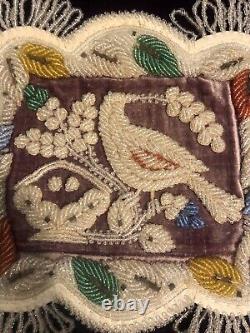 19th C. IROQUOIS BEADED LARGE 12 CUSHION PIN BIRD FLOWER BASKET PURPLE VELVET