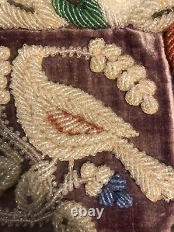 19th C. IROQUOIS BEADED LARGE 12 CUSHION PIN BIRD FLOWER BASKET PURPLE VELVET