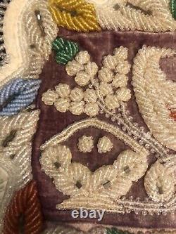 19th C. IROQUOIS BEADED LARGE 12 CUSHION PIN BIRD FLOWER BASKET PURPLE VELVET