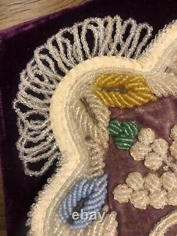 19th C. IROQUOIS BEADED LARGE 12 CUSHION PIN BIRD FLOWER BASKET PURPLE VELVET