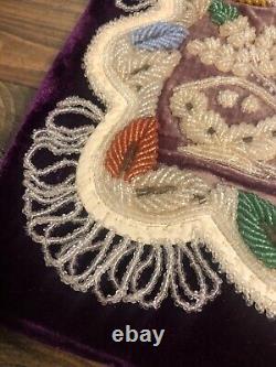 19th C. IROQUOIS BEADED LARGE 12 CUSHION PIN BIRD FLOWER BASKET PURPLE VELVET