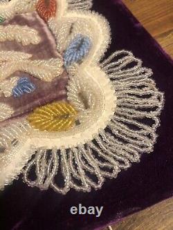 19th C. IROQUOIS BEADED LARGE 12 CUSHION PIN BIRD FLOWER BASKET PURPLE VELVET