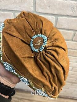 Antique Native American Indian Beaded Leather Cap Hat Original
