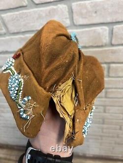 Antique Native American Indian Beaded Leather Cap Hat Original