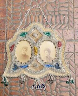Antique Native American Iroquois Beadwork Beaded Picture Frame W Old Photo Cards