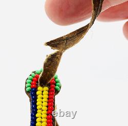 Antique OLD Vtg Native American Seed Bead Leather Rawhide Medallion Bracelet