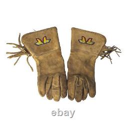 Antique Plains Native American Beaded Leather Gloves Polychrome Beadwork Fringed