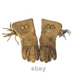 Antique Plains Native American Beaded Leather Gloves Polychrome Beadwork Fringed