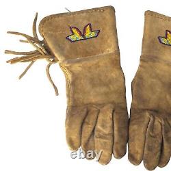 Antique Plains Native American Beaded Leather Gloves Polychrome Beadwork Fringed