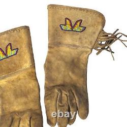 Antique Plains Native American Beaded Leather Gloves Polychrome Beadwork Fringed