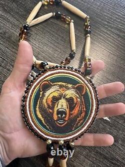 Bear medallion native american beadwork pow wow native made