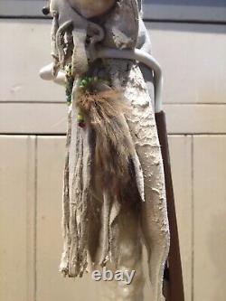 Handmade Native American Fetish Art Doll  Leather Beadsfeathersbone