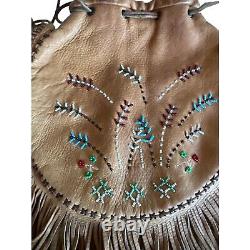 Leather Cinch Close Native American Indian Pouch Beaded Fringe Lined