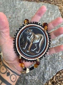 Lion medallion native american made pow wow regalia native beadwork bobcat claw