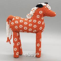 NATIVE AMERICAN BEADWORK-ORANGE & WHITE BEADED HORSE by KENNY DOSEDO-ZUNI