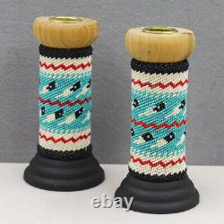 NAVAJO-WOOD CANDLESTICK PAIR WITH BEADWORK by CHARMAINE JOHN-NATIVE AMERICAN