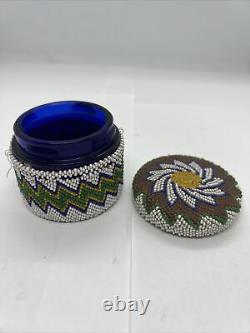 Native American Beaded Jar Beautiful With Leather Bottom and Glass Jar