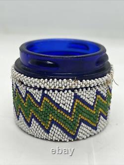 Native American Beaded Jar Beautiful With Leather Bottom and Glass Jar