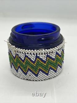 Native American Beaded Jar Beautiful With Leather Bottom and Glass Jar