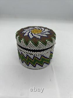 Native American Beaded Jar Beautiful With Leather Bottom and Glass Jar