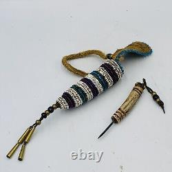 Native American Beaded Leather Awl Case Pouch With Awl Carved Antler Handle