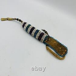 Native American Beaded Leather Awl Case Pouch With Awl Carved Antler Handle