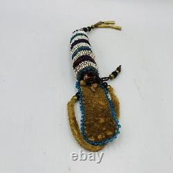 Native American Beaded Leather Awl Case Pouch With Awl Carved Antler Handle