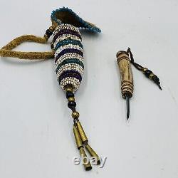 Native American Beaded Leather Awl Case Pouch With Awl Carved Antler Handle