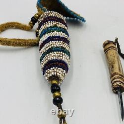 Native American Beaded Leather Awl Case Pouch With Awl Carved Antler Handle