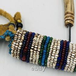 Native American Beaded Leather Awl Case Pouch With Awl Carved Antler Handle