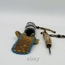 Native American Beaded Leather Awl Case Pouch With Awl Carved Antler Handle