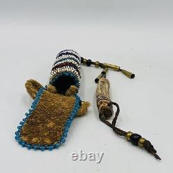 Native American Beaded Leather Awl Case Pouch With Awl Carved Antler Handle