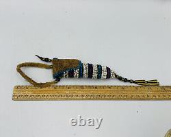 Native American Beaded Leather Awl Case Pouch With Awl Carved Antler Handle