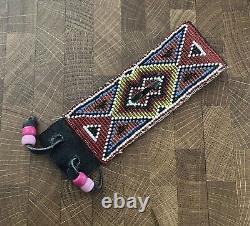 Native American Beaded Leather Watchband with Leather Drawstrings