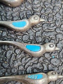 Native American Bird Fetishes Beads Sterling With Turquoise Inlay OLD