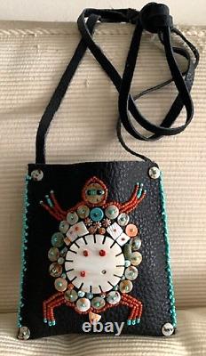 Native American Black Leather Handmade Turquoise, Coral And Shell Turtle Pouch