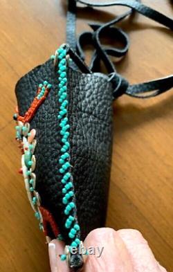 Native American Black Leather Handmade Turquoise, Coral And Shell Turtle Pouch