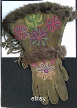 Native American, Gauntlets, Fringe, Flower Decor, Hand Sewn, VG Condition