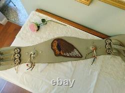 Native American Indian Chief Handmade Leather Wide Belt Glass Beaded Vintage