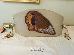 Native American Indian Chief Handmade Leather Wide Belt Glass Beaded Vintage