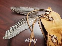Native American Iroquois Indian Bag With Feather & Beads