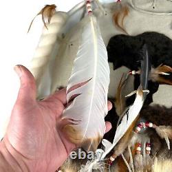 Native American Made Dreamcatcher Angora Fur Pelts & Braids Leather Beads 44x23