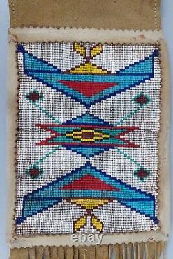 Native American Sioux / Blackfoot Beaded Pipe Bag, Blue Red Yellow White Beaded