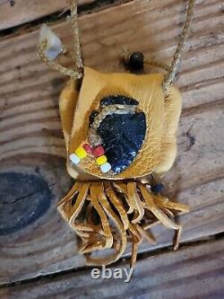 Native American leather Indian Head beads small hide pouch bone