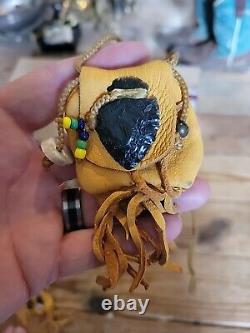 Native American leather Indian Head beads small hide pouch bone