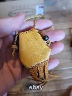 Native American leather Indian Head beads small hide pouch bone