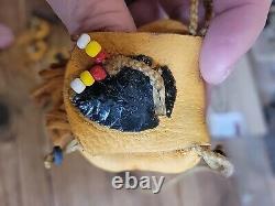 Native American leather Indian Head beads small hide pouch bone