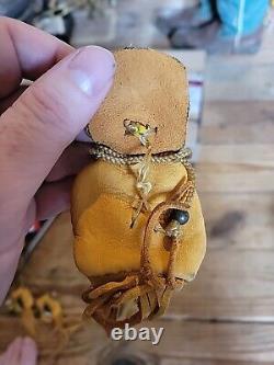 Native American leather Indian Head beads small hide pouch bone