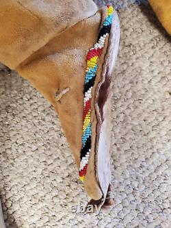 OLD Native American Apache Beaded High Top Leather Moccasins 30 HIGH UNFOLDED